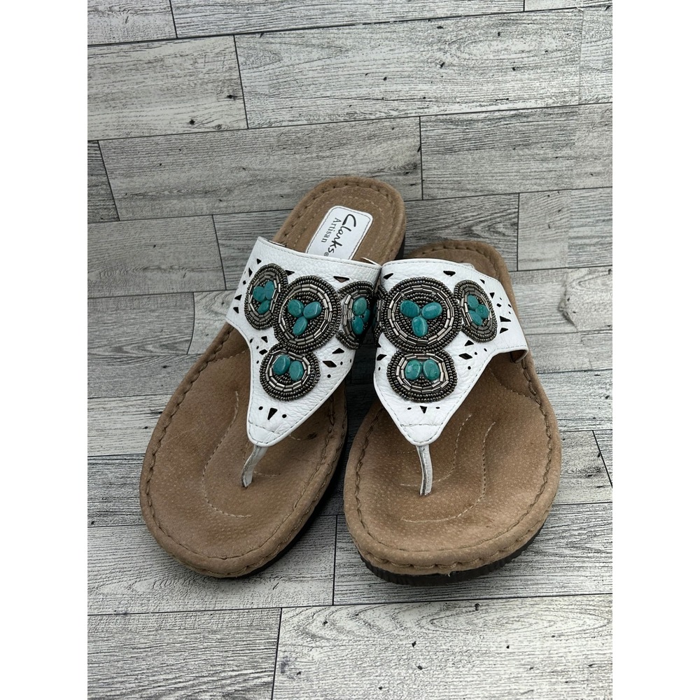 Clarks Artisan White Leather Beaded Turquoise Medallion Wedge Sandals Women 10M